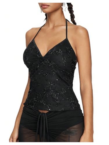 SHENHE Women's Halter Top Sparkly Glitter V Neck Party Crop Tops Club Rave Festival Outfits4