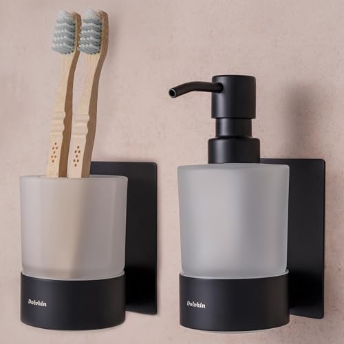 Dolvhin® Set Dispensador Jabón & Portacepillos de Dientes | Vidrio Esmerilado y Acero Inoxidable | Soporte Vaso Cepillos sin Taladro | Dosificador de Pared Adhesivo | Juego de Baño | Negro Mate