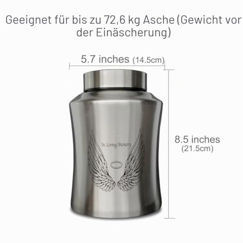 Große Urnen für Erwachsene menschliche Asche, Engelsflügel in liebevoller Erinnerung, dekorative Beerdigungsurne für männliche und weibliche Asche mit Samtbeutel (Silber)