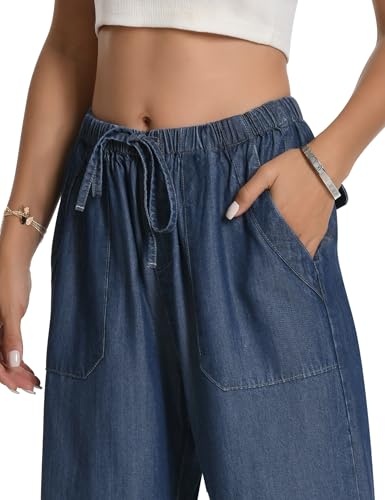 Skirt BL Women's Drawstring Elastic Waist Jeans Pull on Wide Leg Flowy Jeans for Trendy Soft Lightweight Denim Pants4