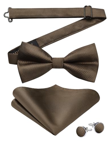 HISDERN Herren Fliege Braun Einfarbig Verstellbare Vorgebundene Fliegen und Einstecktuch mit Manschettenknöpfe Set Seide Fliege Anzug für Hochzeit Smoking