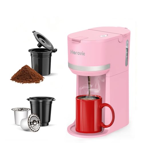 Image of Horavie Mini Single Serve Coffee Maker for K-Cup Pod and Grounds, Fast Brew One Cup Coffee Machine with Descaling Reminder and Water Window, 6 to 12 oz. Brew Sizes, Pink