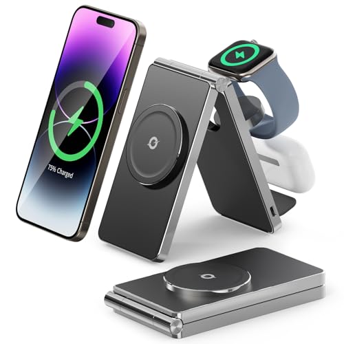 2024 3 in 1 30W Super Fast Wireless Charging Station for iPhone Apple Watch AirPods Multiple Devices, Magnetic Foldable Wireless Charger Dock, Travel Charger for iPhone 15/14/13/12 Series(Black)