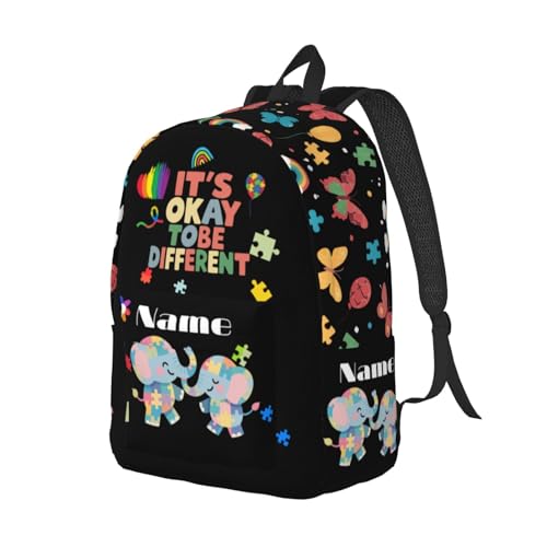 Custom Kids Backpack for Boys Girls - Personalized Colorful Puzzles Toddler School BookBags with Name, Autism Awareness Casual Daypack Travel Laptop Backpacks,Elephant Butterfly
