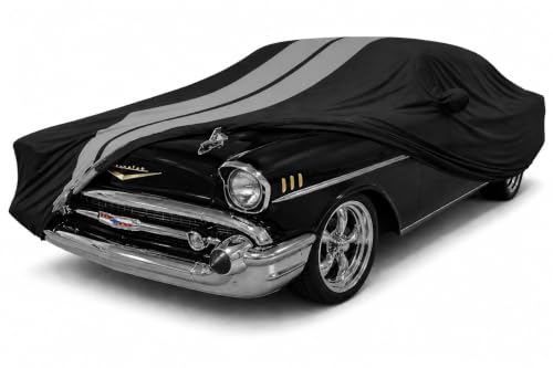 Image of SR1 Performance USA Indoor Car Cover for 1950-1957 Chevy Bel Air - Ultraguard Stretch Satin, Custom Fit Indoor Protection, Soft Breathable Dust Cover, Premium Show Car (Black with Gray Stripes)