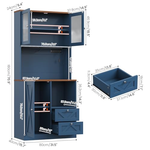 Image of 71 inch Tall Coffee Bar Cabinet with Storage Hutch, Farmhouse Kitchen Pantry Cabinet with LED Lights Microwave Stand and Glass Holder for Home Dining Room Kitchen (Blue)
