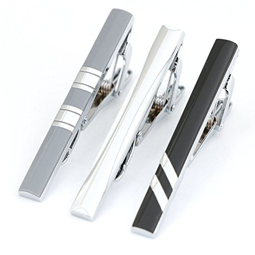 3pc Mens Tie Bar Clip 2.1 Inch, Silver-tone, Black, Gray