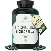 Bio Spirulina & Chlorella Presslinge – 600 Tabletten – Hochdosiert mit 6.000 mg pro Tag – Vorrat für 50 Tage – Hergestellt & laborgeprüft in DE – Vegan & frei von Zusätzen – TRUE NATURE