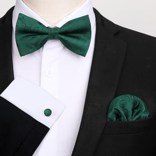 Image of HISDERN Bow Ties for Men Pretied Bow Tie Set Paisley Classic Bowties and Pocket Square Cufflinks Set for Wedding Party