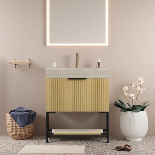 Image of 30 inch Freestanding Bathroom Vanity with Sink, Bathroom Vanity with Sintered Stone Top & Undermount Ceramic Basin, Pre-Assembled Striped Bathroom Storage Cabinet with Drawer & Open Shelf, Oak