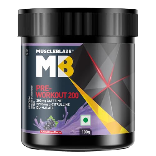 MuscleBlaze Pre Workout 200(Furious Grape,20 Servings,100 G)| 200 Mg Caffeine,2200 Mg Citrulline Powder,1 Count
