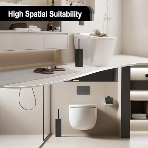 BVL WC Bürsten & Halter Schwarz, Metall Toilettenbürste Inklusive 2 Bürstenköpfe, Freistehende Quadratisch Silikon Toilettenbürste für das Badezimmer