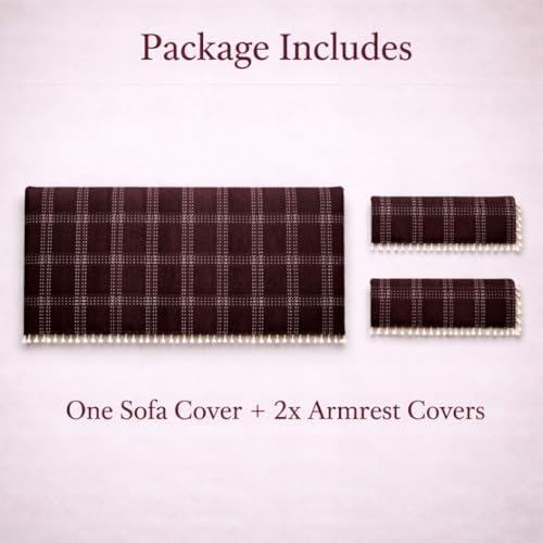 Image of STITCHNEST 'Artisoul Series' Chenille Sofa Cover 2 Seater Fully Covered with 2 Hand Rest Covers | Premium Heavy Fabric, Washable & Fade Resistant | Brown Sofa Protector with Tassels | Size 48x60 Inch