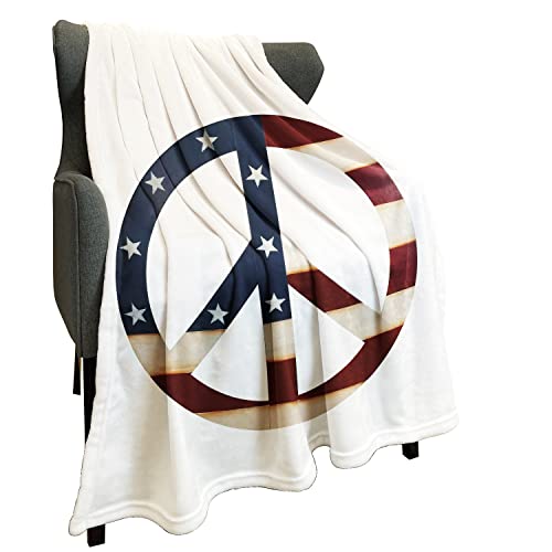 Hommomh Fleece Blanket 50" X 60" Peace Sign American Flag Printed Lightweight Fuzzy Cozy Soft Warm Throw For Men Women, Air Conditioning #TOP10
