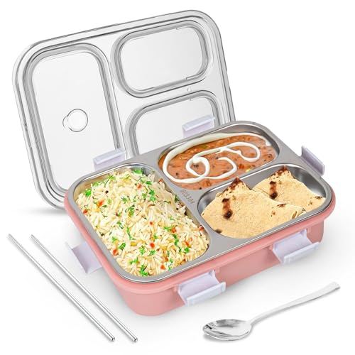 Image of TEKCOOL Lunch Box for Adults - Lunch Box for Kids - with Spoon & Fork - Stainless Steel Lunch Box with 3 Compartment - Durable Perfect Size for On-The-Go Meal, BPA-Free';
