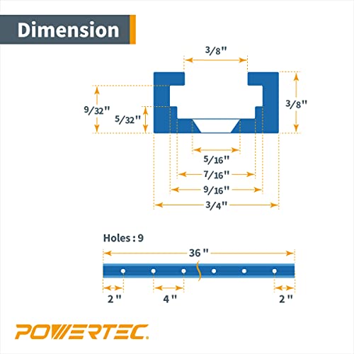 Image of POWERTEC 71372V 36 Inch Double-Cut Profile Universal T-Track with Predrilled Mounting Holes, 4 Pack, T Track for Woodworking Jigs and Fixtures, Drill Press Table, Router Table, Workbench