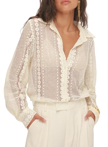 Women Long Sleeve Floral Lace Blouse Button Down Sheer Collared Shirt Embroidered Mesh Going Out Blouse Top