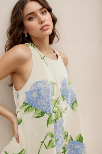 Image of Floral Sleeveless Backless Mini Dress for Women Summer Loose Swing Flowy Sundress with Pockets