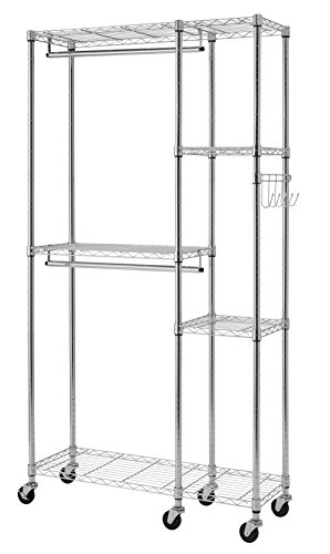 TRINITY EcoStorage Rolling Garment Rack with Shelves and Storage Hooks for Clothing Storage for Bedroom, Closet Organization, Entryway, and More, Chrome, 41” W x 14” D x 76” H
