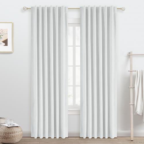 PANGSINNE White Linen Blackout Curtains 84 Inch Length 2 Panels Set for Bedroom Darkening, 100% Black Out Thermal Insulated Back Tab Curtains Heating...