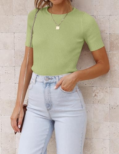 Image of ZESICA Women's Short Sleeve Sweater Tops 2026 Summer Crewneck Basic T Shirt | Business Casual Outfits, Solid Color Ribbed Knit Tee, Slim Fitted, Soft Skin Friendly, Going Out Top, Cute Dressy Blouse