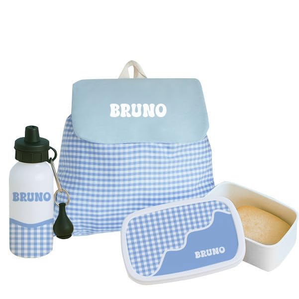 Pack Escolar Infantil Personalizado 3 Piezas – Mochila, Fiambrera y Botella de Aluminio con Diseño Cuadros Azules. Vuelta al Cole, Excursiones y Regalo Original para Niños. Kit Escolar Completo.