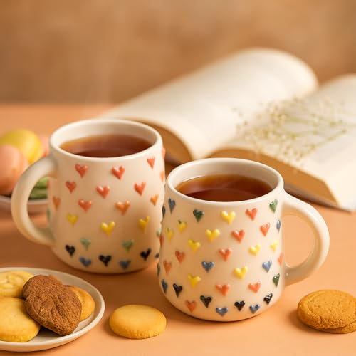 Image of The Deluxe Creations Heart Embossed Ceramic Coffee Mug Set of 2 - 280ml Handcrafted Cups | 3D Design | Aesthetic Tea & Coffee Mugs | Diwali Gift (Colorful Heart-Embossed Mugs)