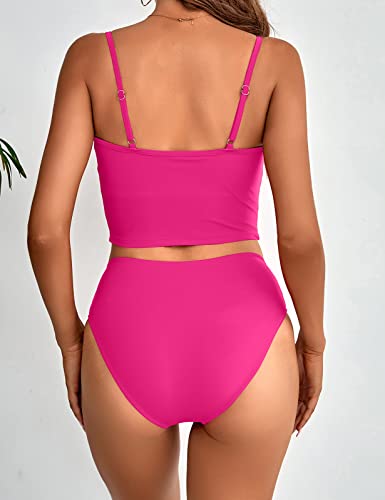 Women High Waisted Tankini Bathing Suit Tummy Control 2 Piece Bikini Crop Top Swimsuits Sports High Cut Rose #TOP2
