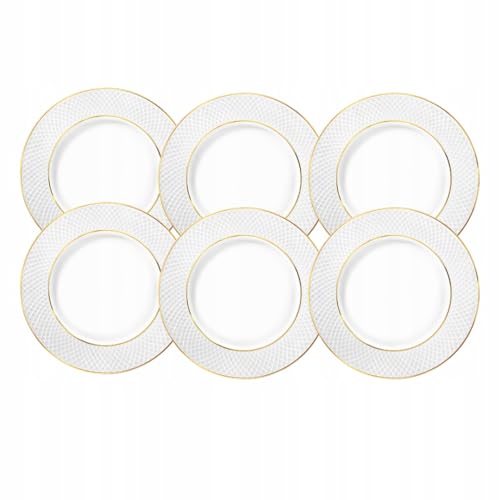 Wilmax - Lot de 6 assiettes à dessert - En porcelaine blanche - Avec motif doré - Diamètre : 18 cm - Passe au lave-vaisselle