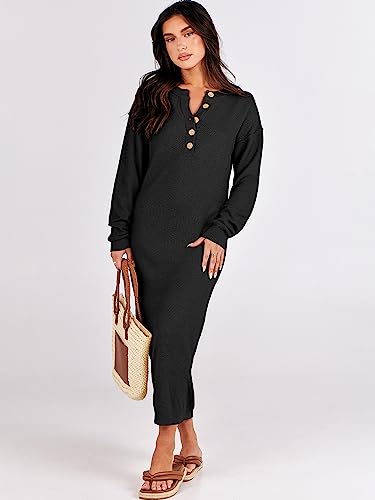 ANRABESS Women Long Sleeve Button V Neck Oversized Casual Loose Fit Waffle Knit Fall Midi Sweater Dress 2025 Trendy Outfits2