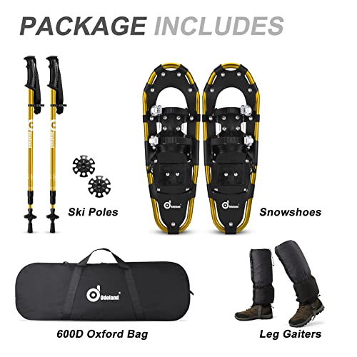 Odoland 4-In-1 Snowshoes Snow Shoes For Men And Women With Trekking Poles, Carrying Tote Bag And Waterproof Snow Leg Gaiters, Lightweight Snow Shoes Aluminum Alloy, Yellow, Size 21'' #TOP7