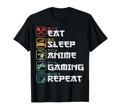 Eat sleep anime gaming repite manga de anime retro otaku camiseta