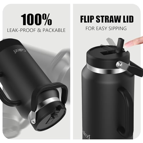 Image of 64oz Stainless Steel Water Bottle with Flip Straw - Leak-Proof, Sweat-Free, Top and Side Handle, Anti-Slip Base, Iced for 34 Hours, Dishwasher Safe - Water Jug for Sports Events, Beach Days