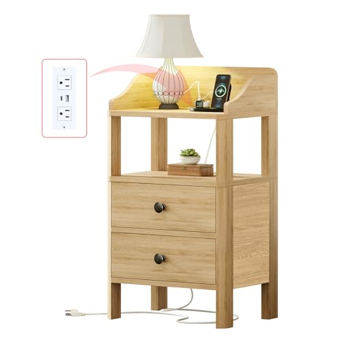 Night Stand 15.75-inch Narrow Nightstand with USB and Type-c Ports 2 Drawers and Open Shelves Modern Nightstand