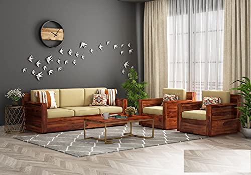 Image of Solid Sheesham Wood 5 Seater Sofa Set | Wooden 3+1+1 Seater Sofa Furniture for Bedroom Living Room Hall Office Hotel (Honey Finish)