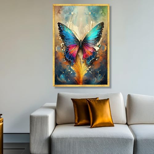 Tableau sur toile papillon pour salon moderne bleu et orange