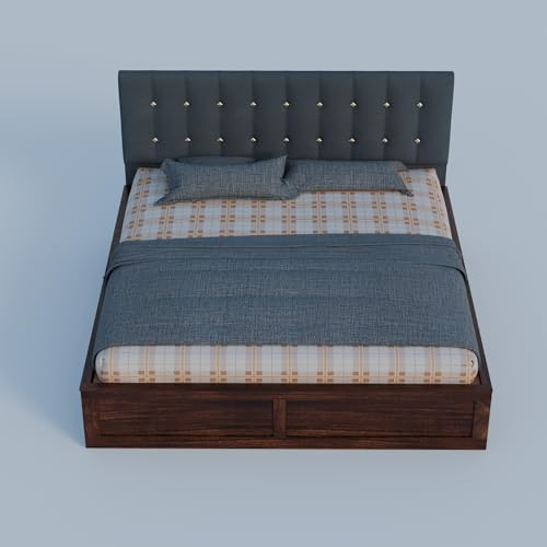 Image of Sheesham Wood Queen Size Bed with Storage Box | Upholstered Beds | Platform Cot with Cushioned Headboard | Double Bed for Home | Recommended Mattress 78x60 Inch | Dark Grey & Walnut Finish