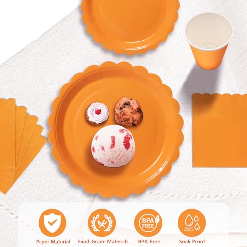 PYAILI Orange Partygeschirr, 96 Stück Pappteller Set mit Blumenmuster für 24 Gäste, Papier Teller Pappbecher Servietten für Geburtstag, Muttertag, Babyparty, Bridgerton, Teeparty