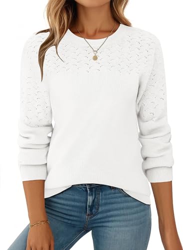 Zeagoo Fall Sweaters for Women 2025 Casual Crewneck Knit Long Sleeve Loose Pullover Sweater Outfits Tops White