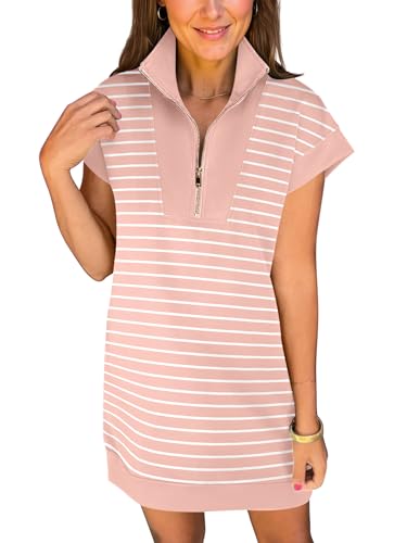 Image of ANRABESS Womens Summer Casual Half Zip Cap Sleeve Trendy Wrinkle-Free Tshirt Dress 2026 Spring Beach Vacation Short Dresses