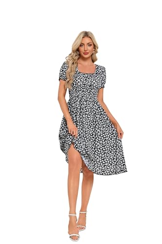 Image of Women's 2026 Summer Boho Floral Midi Dress Casual Square Neck Puff Sleeve A Line Dresses with Pockets