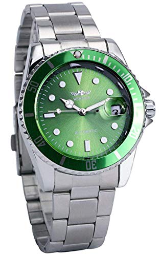 MASTOP Mens Automatic Watches Luxury Stainless Steel Classic Rotatable Bezel Dress Wrist Watch with Calendar, Silver green, Mechanical,Self-winding - Image 3