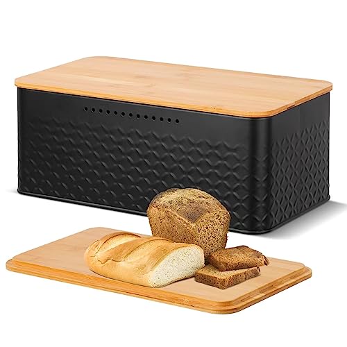 Chuboir Bread Bin, Metal Bread Box with Bamboo Lid Usable as Cutting Board