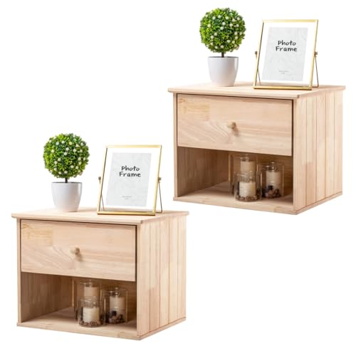 VINGLI Unfinished Natural Solid Wood Floating Nightstand for Bedroom Set of 2, Small Nightstand with...