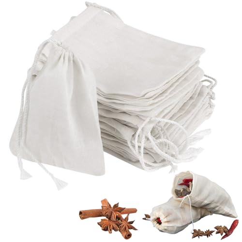 FAINCA 70 Piezas 8×10 CM Bolsas Filtro para Hierbas y Especias, Bolsitas de Tela Pequeñas, Bolsas Tela pequeñas para Preparar Té, Filtrar Decocciones y Almacenar Especias, Harina y Azúcar Glas