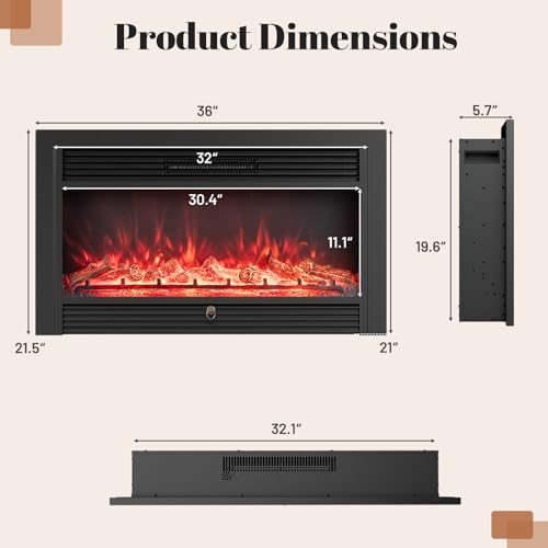 Image of Giantex 36 inch Electric Fireplace Insert, Wall Recessed /Mounted, Freestanding Fireplace with Remote Control, 3 Color Adjustable Flames, 2 Modes Heat, 8H Timer, 5 Brightness, 750 /1500W Heater