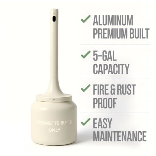 Cigarette Butt Disposal Outdoor, All-Aluminum 5-Gallon Receptacle, 40 in H x 11.8 in Dia, Beige – Rust-Proof, Weather-Resistant, Liner-Free, Oxygen-Restricting Top, Outdoor Ashtray