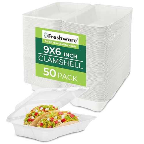 Freshware Compostable Clamshell Food Containers [9x6" 50-Pack] Disposable To Go Containers, Biodegradable Sugarcane To Go Boxes - Heavy Duty Paper Containers - Microwave & Freezer Safe, Stackable
