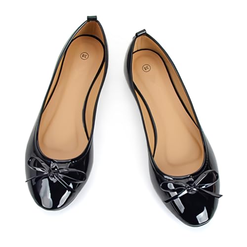 Dernolsea Womens Ballet Flats, Patent Leather Bow Round Toe Foldable Flat Slip On Pumps Dolly Ballerina Shoes Black Size 7