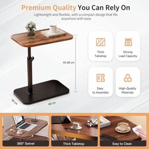 Image of Owme C Shaped Side Table for Sofa Bed, Adjustable Height Laptop Table with 360 Rotating Desktop, Wooden Finish Compact End Table for Living Room, Portable Snack Coffee Table with Metal Base